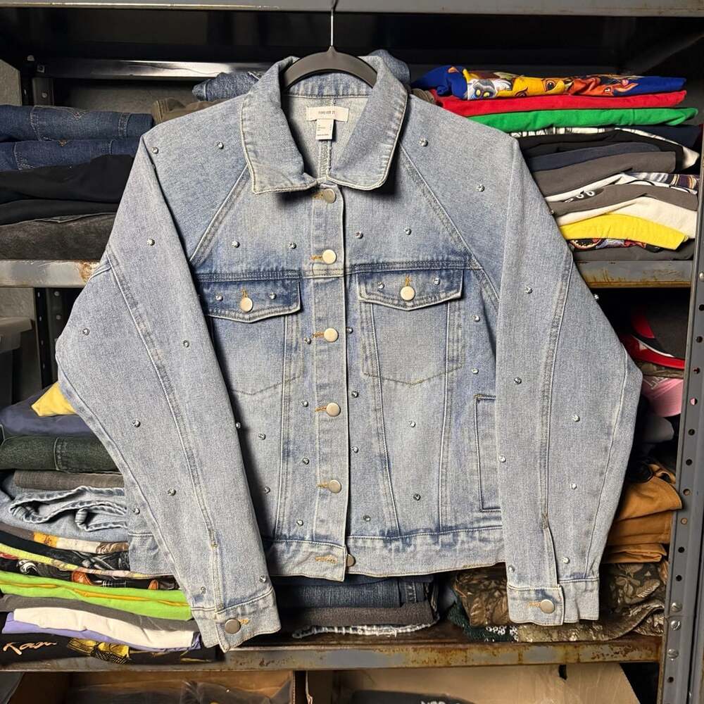 Forever 21 Light Wash Rhinestone Embellished Denim Jacket